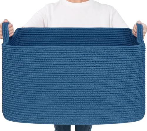 Goodpick Large Woven Rope Blanket Basket, Rectangle, Dark Blue by Goodpick