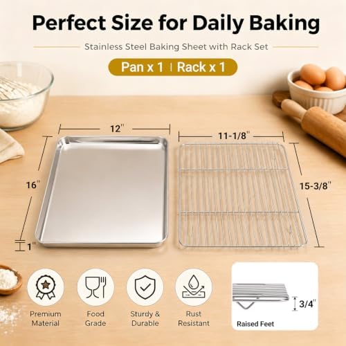 Onader Cookie Sheet with Cooling Rack, 16x12 Inch Stainless Steel Sheet Pan - Image 2