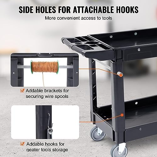 VEVOR Utility Service Cart, 2 Shelf 550LBS Heavy Duty Plastic Rolling Utility Cart, Medium Lipped Shelf, 360° Swivel Wheels, Ergonomic Storage Handle for Warehouse Garage, Black - Image 5