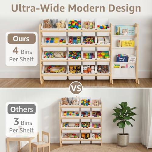 NUTIKAS Toy Storage Organizer with Bookshelf - Wooden 16 Bins Kids Toy Organizer Rack, Solid Pine Wood, Toys Box for Toddler, Playroom, Living Room, Bedroom, Nursery - Image 2