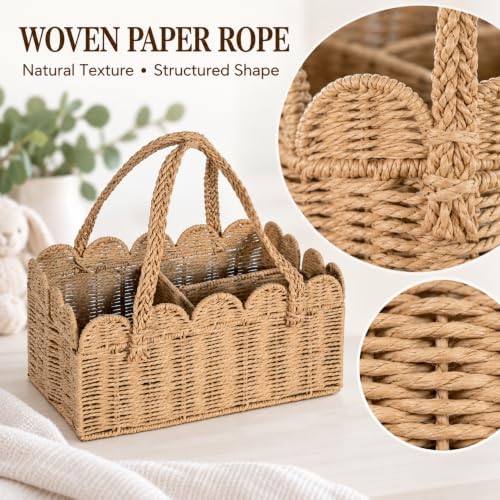 Large Baby Diaper Caddy, Brown Paper Rope Storage Basket with Handles, Portable Nursery Organizer with Removable Divider for Diapers, Wipes, Baby Essentials (Light Brown) - Image 3
