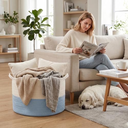 65L Extra Large Woven Blanket Basket, Laundry Basket-White&Blue - Image 4