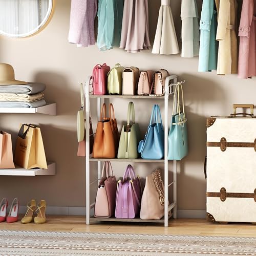 White Purse Organizer, 3-Tier Floor Standing Bag Rack Stand Featuring Side Hooks and Baskets, Adjustable Feets, High Capacity Metal & Wood Handbag Holder Design for Closet Storage, Patent Pending - Image 6