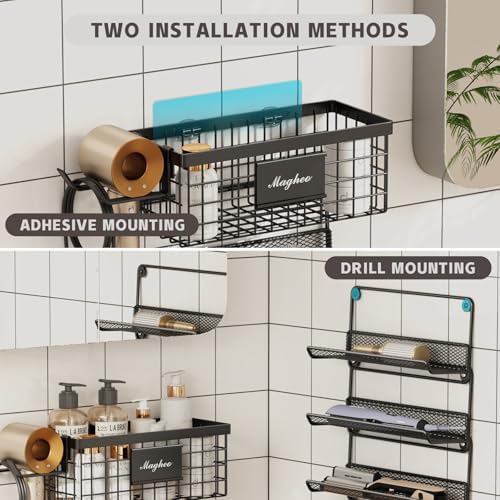 Magheo Hair Dryer Holder Wall Mounted, Adheisve Hair Tool Organizer for hair Brush/Appliance Wall Mount with 4 Tier Shelf Basket Hooks Blow Dryer and Straightener Holder for Bathroom(Black) - Image 5