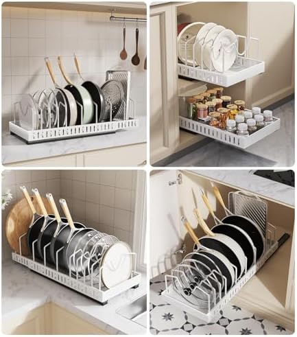 Pull Out Pots and Pans Organizer Under Cabinet, Expandable Sliding Lid Holder and Pan Rack for Kitchen, Slide Out Inside Cabinet for Pot Lid, Bakeware, Dishes, 10 Adjustable Dividers, 1 Pack White - Image 7