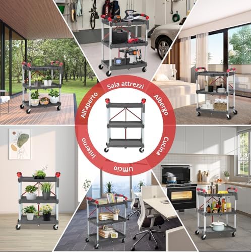 Heavy Duty 3-Tier Collapsible Utility Cart for Office & Home – Collapsible Rolling Service Cart, 56 lb Capacity, No Assembly, Lockable Wheels, Multi-Purpose Organizer, Grey - Image 6