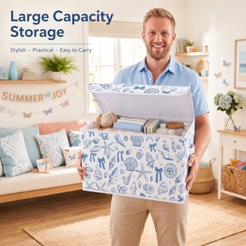 Briwooody Beach Storage Bin with Lid and Carrying Handle Coastal Blue Bow Seashell Foldable Storage Box Summer Bachelorette Party Decorative Collapsible Container Basket for Closet Home Bedroom Gift - Image 6