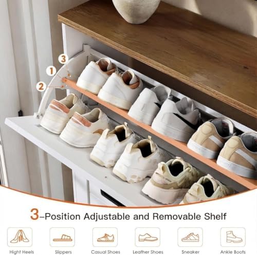 Nicetree Shoe Cabinet, 3 Flip Drawers & Adjustable Shelves, Ultra Slim Freestanding (9.1” Deep), Holds 30 Pairs, Narrow Shoe Storage Cabinet with Anti-Tip Safety, Modern Farmhouse White Walnut - Image 4