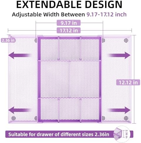 Marbrasse Expandable Desk Drawer Organizer, Mesh Drawer Organizer Tray with 10 Adjustable Compartments, Desk Organizers and Accessories for Office Supplies, Makeup & Vanity (Expandable-Purple) - Image 2