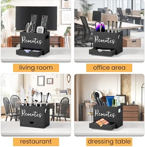 Remote Control Holder, TV Remote Holder with Drawer, Wood Remote Control Organizer for Table, Media Storage Box for Nightstand, Living Room (Black,2 Slots) - Image 6