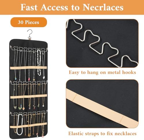 2 Pack Double Sided Hanging Jewelry Organizer for Closet with 48 Pockets & 30 Necklace Hooks, Premium Hanging Jewelry Storage for Earrings, Rings, Bracelets Display (Black) - Image 4