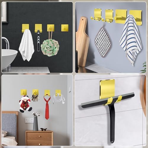 CGBE 4 Packs Shower Hooks for Inside Shower, Self Adhesive Shaver Holder Hanger Hooks for Bathroom Damage Free Wall Hooks for Razor Loofah Sponge - Gold - Image 7
