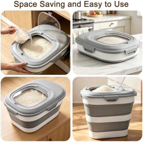 Rice Storage Container, 20 to 50Lbs Collapsible Airtight Rice Container, 30 Lbs Dog Food Storage Container with Wheels, Cup and Scoop, Food Dispenser Bin for Flour, Cereal, Flour, Cat, Bird, Pet - Image 3