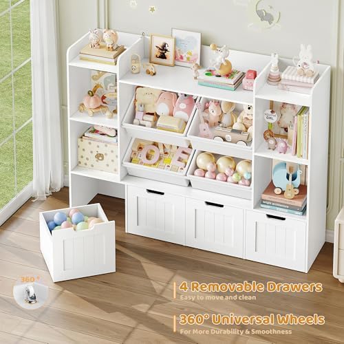 Toy Storage Organizer, Toy Organizer with 4 Movable Drawers and 4 Box Bins, Kids Playroom Storage Organization with Hidden Wheels for Living Room, Kids Room - Image 5