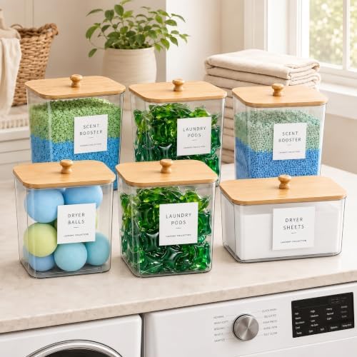6 Pack Laundry Pods Container, Clear Laundry Room Organization Containers,Large Detergent Powder Storage, Black Wooden Lids & Labels and Scoops for Scent Booster, Powder, Pods - Image 3