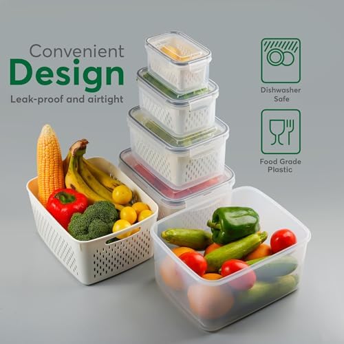 5 Set Fruit Storage Containers for Fridge with Colander, Produce & Veggie - Image 5