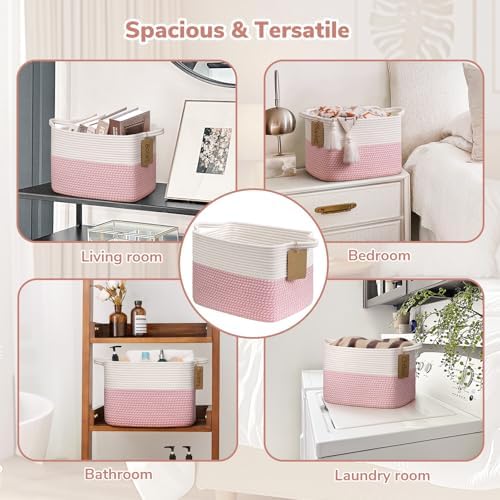 Goodpick Woven Rope Storage Basket for Shelves, Rectangle, Pink & White - Image 6
