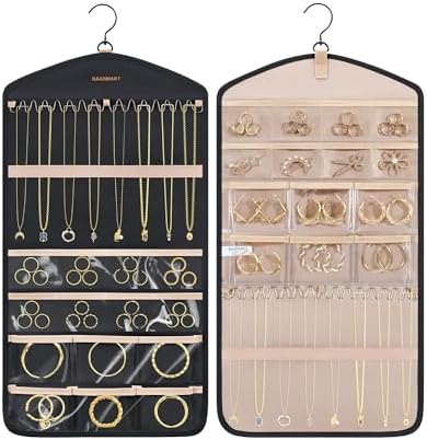 BAGSMART Hanging Jewelry Organizer with Hanger Metal Hooks Double-Sided Jewelry Holder for Organizing Earrings Necklaces Rings Perfect for in Hanging Closet, Wall, Door, 1 Piece, M, Black by BAGSMART
