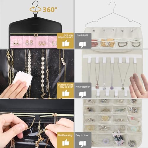 CHICECO Travel Jewelry Holder Organizer,Hanging Jewelry Organizer Storage with Zippered Pockets for Cloest,Jewelry Holder for Earrings, Necklaces (Pink Black) - Image 2