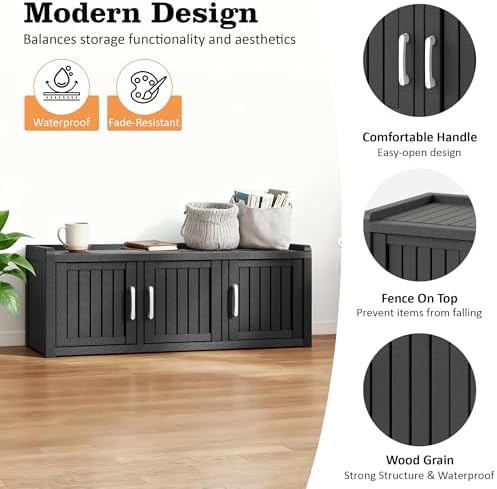 2-Tier Storage Bench, Waterproof UV-Resistant Outdoor Shoe Storage Cabinet with 3 Doors & Adjustable Shelves for Indoor Outdoor Entryway, Hallway, Living Room (Classic Black) - Image 4
