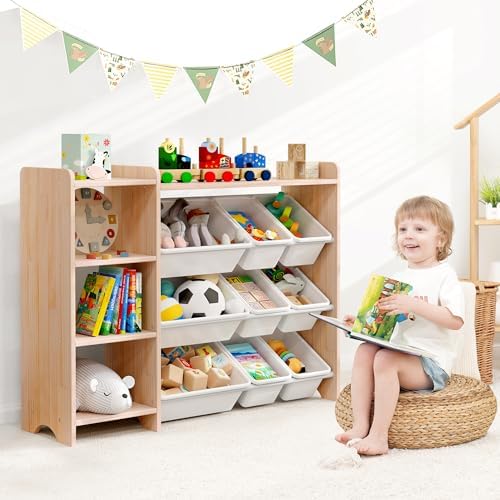 MallBest Kids Toy Storage Organizer with Bins, Solid Pine Wood Frame Toy Storage Cabinet and Kids Bookshelf, 3-Tier Playroom Organizer for Kids Room, Nursery and Bedroom, Natural - Image 2