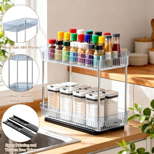DABIGE 2 Pack Pull Out Spice Rack Organizer for Cabinet, 2 Tier Slide Out Spice Racks Organizer, Spice Cabinet Organizers, Cabinet Size Need:12'' High x 11'' Deep x 5'' Wide, Clear Acrylic - Image 7