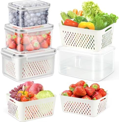 4 Pack Fruit Storage Containers for Fridge Keep Fresh - BPA Free Fresh Food Containers with Removable Colander, Produce Saver Keeper for Berry Lettuce Vegetables, Salad, Dishwasher & Microwave Safe by Elwichen