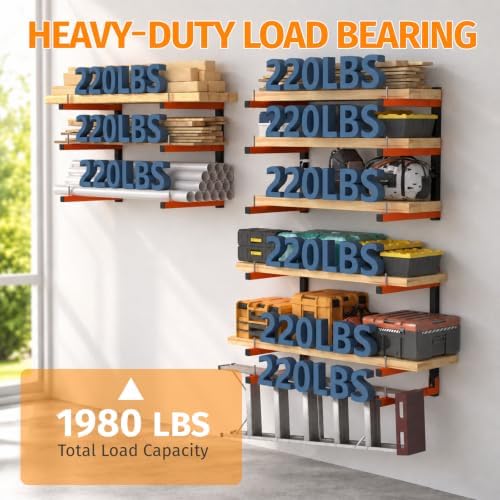 6 Pack Lumber Storage Rack Wall Mount, 1980LBS Heavy Duty Wood Rack- Orange - Image 3