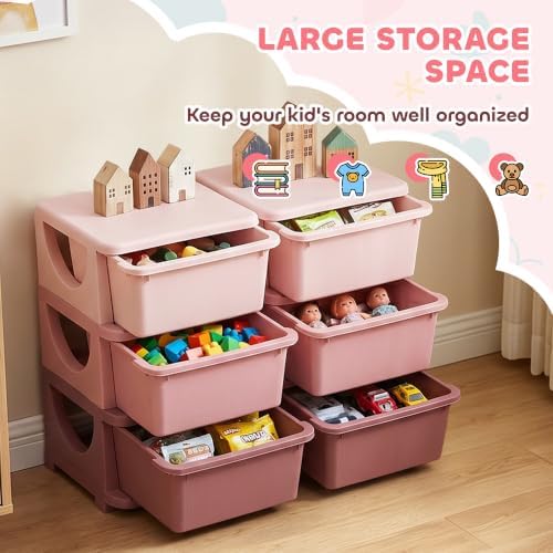 Qaba 6 Drawers Kids Storage Unit 3 Tier Toy Organizers Pink - Image 4