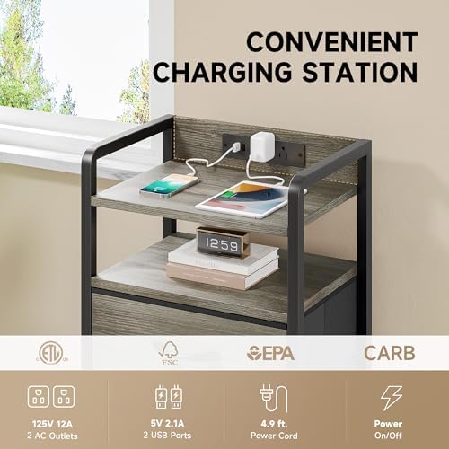Lazzanto Nightstand with Rear Charging Station, LED Light, 4 Drawers, Grey - Image 4