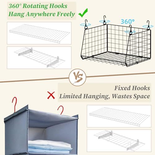 3-Pack Hanging Laundry Room Organizaton：Foldable Laundry Basket Wire Basket with 360°Rotating Hooks Small Space Organization Over Washer and Dryer Shelves - Hanging Closet Organizer, Black Patent - Image 5