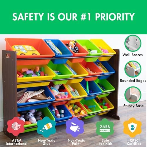Humble Crew Extra-Large Toy Organizer with 20 Plastic Bins – Dark Walnut/Neon Storage Rack with 4-Tier Shelves, Anti-Tip Safety, for Kids’ Rooms, Playrooms, Nurseries & Classrooms - Image 4