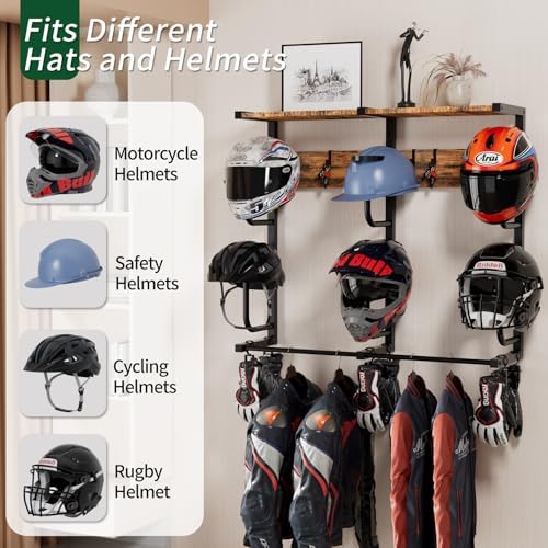 Motorcycle Helmet Rack with 6 J-hooks& 6 Clip Hooks – Wall Mounted Helmet Holder Stand for 6 Helmets, Riding Suits & Accessories, Sturdy Construction Storage Organizer for Entryway or Garage - Image 2