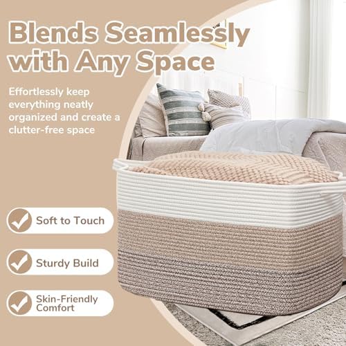 Goodpick 105L Extra Large Woven Rope Blanket Basket, Rectangle, Light Brown - Image 5
