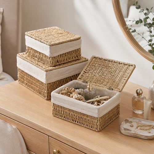 Storage Baskets with Lids Set of 3, Woven Bins with Liner - Image 4