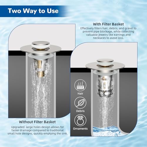 Hibbent Upgraded 3 in 1 Bathroom Sink Drain Strainer, Pop Up Stopper - Image 3