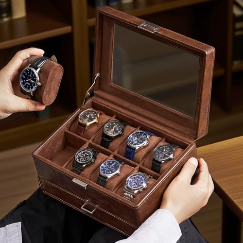 ProCase Premium Watch Box for Men, Jewelry Organizer Box with Drawer, Display Storage Case with Glass Lid -Brown, 8 Slot - Image 6