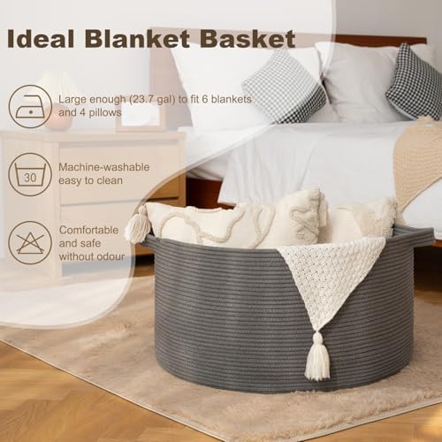 OIAHOMY 90L Extra Large Blanket Basket - Decorative Cotton Rope Storage Basket for Bedroom, Living Room & Nursery - Woven Laundry Hamper for Organizing Blankets, Clothes & Toys - Grey - Image 3
