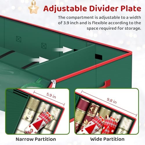 BlessedSeason Wrapping Paper Storage Organizer for 40 Inch Christmas Gifts Wrapping Paper, 2 Visible Supplies Pockets for Holiday Accessories, Christmas Decoration Storage Containers, Green - Image 3