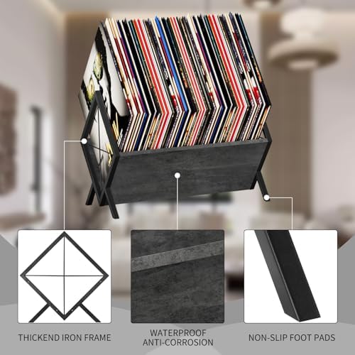 YINMIT Vinyl Record Holder, 80-100 LP Vinyl Record Storage Rack, Quick Assembly Vinyl Record Display, Retro Style Organizer for Magazine, Book, Files, Albums (Grey, 1 Tier) - Image 5