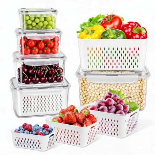 10 Pieces Fruit Storage Container for Fridge,with Removable Colander by ODOMU