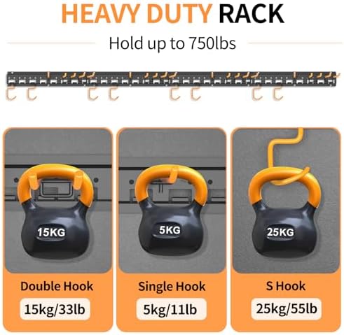 Garden Tool Organizer Wall Mount - Garage Storage and Organization Yard Tool Hanger with Adjustable Pegboard Hooks Shed Rack for Broom Mop Shovel Rake Trimmers, 64 inch Max 750lbs, Black - Image 5