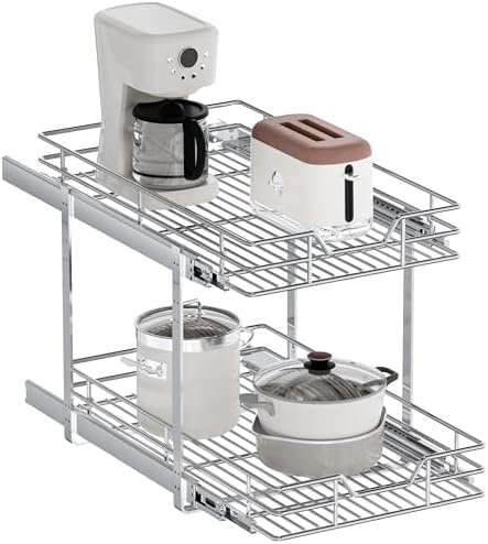 2-Tier Pull Out Cabinet Organizer, 14.5" W x 21.5" D, Heavy Duty Dual Slide Out Shelves for Base Cabinets, Chrome Wire Basket Drawer for Pantry, Kitchen & Bathroom Storage by Unknown