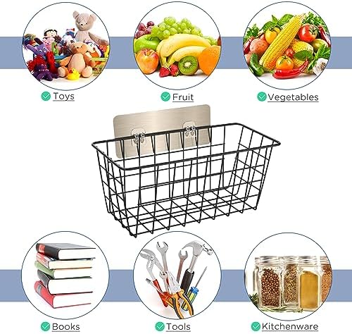2 Pack Hanging Wall Basket Wire Storage Baskets, Adhesive Basket for Cabinet Door Organizer No Drilling, Hanging Fruit Baskets for Kitchen, Pantry Organization, Bathroom, Black - Image 3