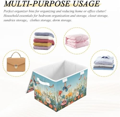 Colorful Flower Pattern Storage Bins with Lids and Carrying Handle,Foldable Storage Boxes Organizer Containers Baskets Cube with Cover for Home Bedroom Closet Office - Image 7