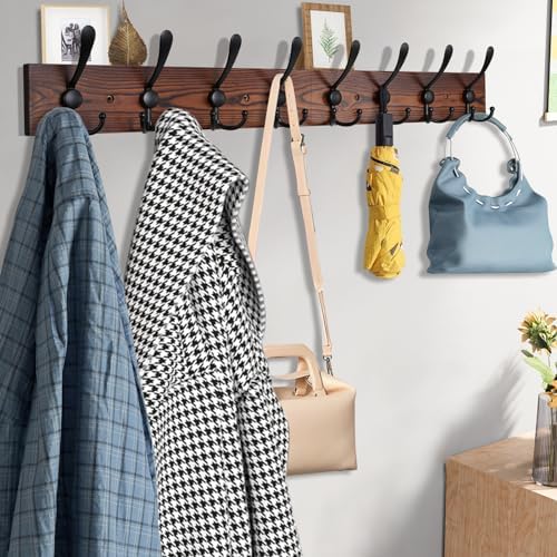 Kuhome 32.2'' Large Coat Rack Wall Mount Coat Hooks Coat Hanger with 8 Metal Black Triple- Hooks Brown Pine Real Wood Plank Hat Rack for Wall Hooks for Hanging Coat Hat Jacket - Image 3