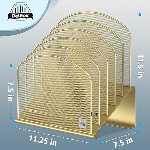 Delifox Inclined Desk File Organizer,Vertical File Folder Holder Stand Metal Rack File Sorter for Office Classroom Desktop Organization (1, Gold, 5) - Image 2