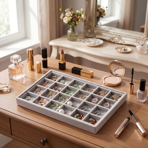 Frebeauty 24 Grid Earring Organizer,Velvet Jewelry Tray for Drawer - Image 2