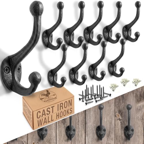 My Fancy Farmhouse Rustic Cast Iron Coat Hooks (10 Pack) Wall Mounted Farmhouse Decorative Wall Hooks, Vintage Hooks for Hanging Coats, Bags, Hats, Towels (Antique Black) by MyFancyFarmhouse