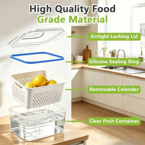 3 Pack Fruit Storage Containers for Fridge with Removable Colander - Image 4